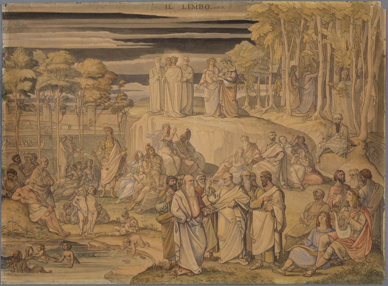 Dante en el Limbus, es decir, el lugar donde permanecen las almas buenas, pero no bautizadas. Allí se encuentra con los grandes espíritus de la Antigüedad y con los niños inocentes. de Johann Anton Ramboux