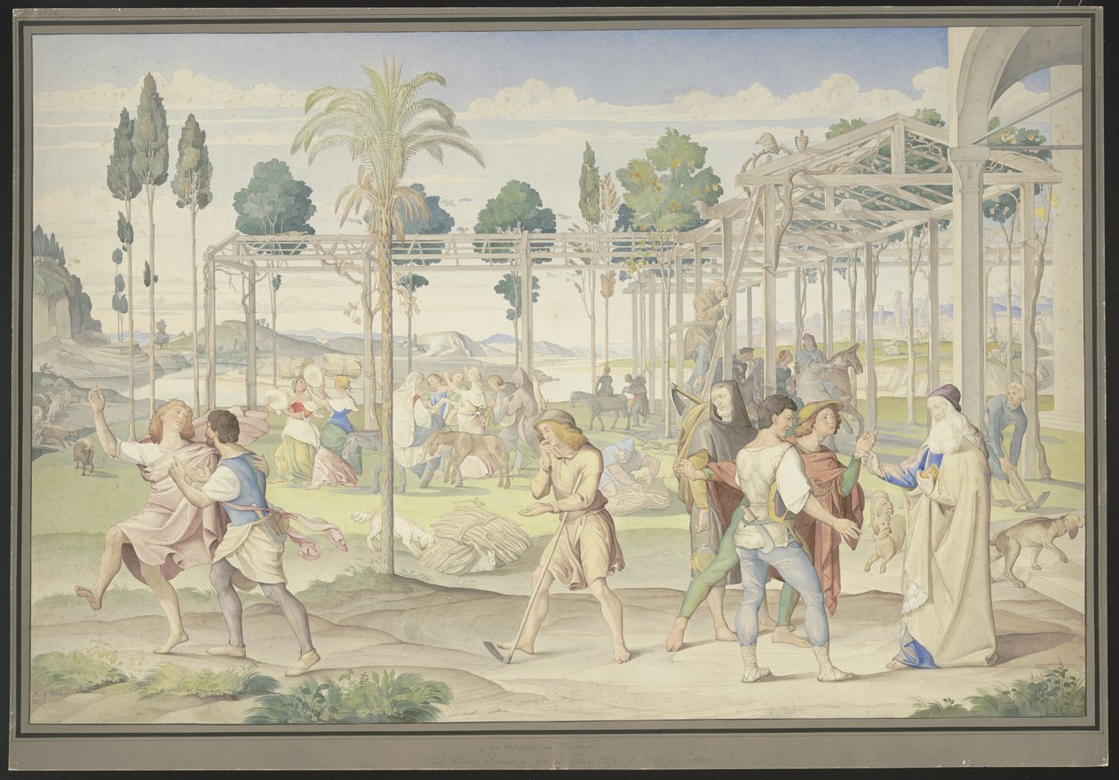 Inspirado en la parábola de los trabajadores de la viña, el «Jardín de Vertumno» de Primaticcio y el «Reino de Flora» de Poussin de Johann Anton Ramboux