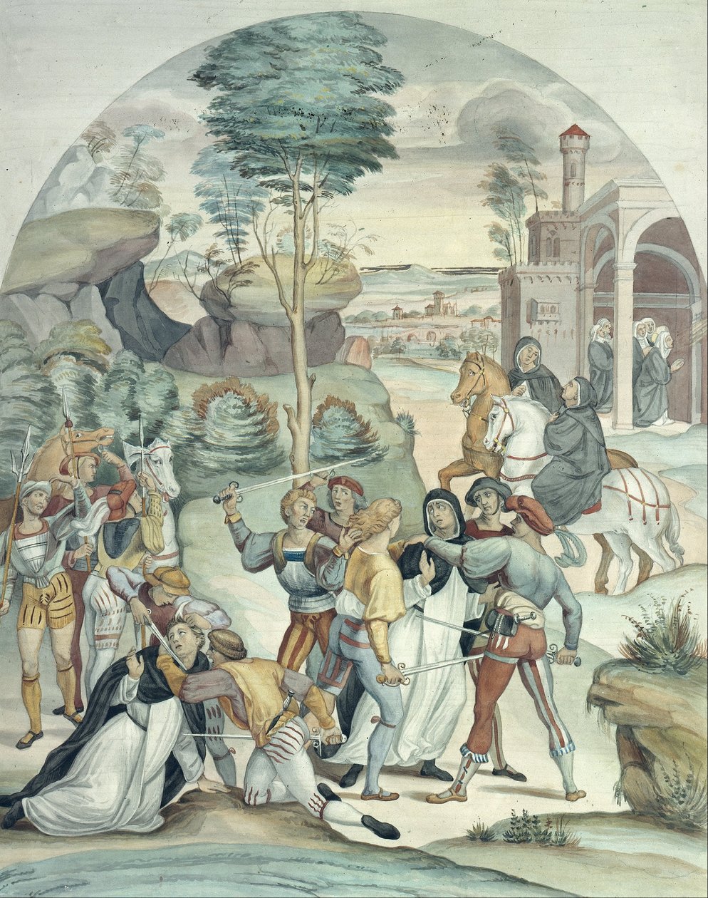 Santa Catalina de Siena rescata a dos dominicos de manos de ladrones de Johann Anton Ramboux