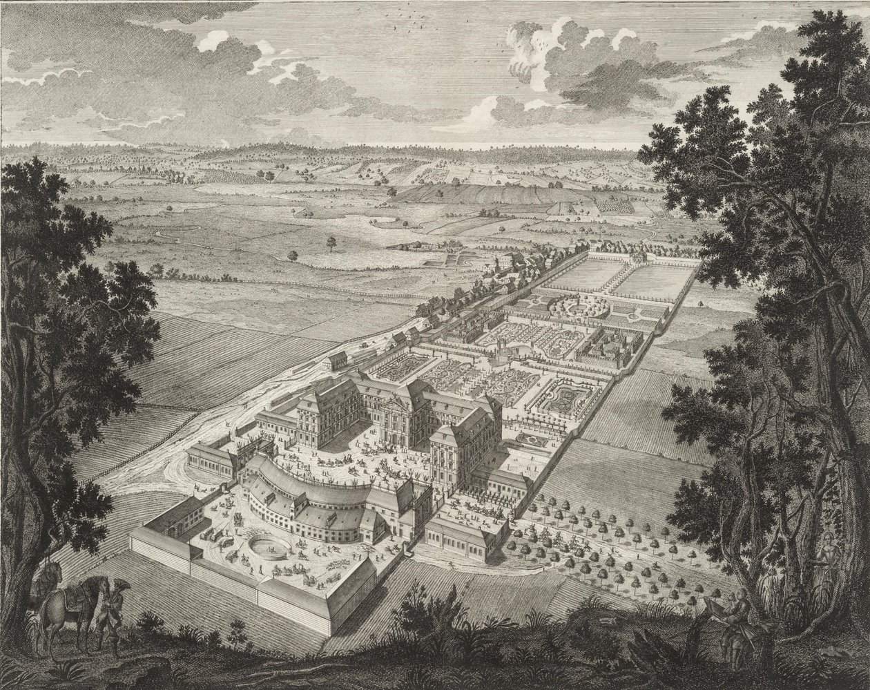 Perspectiva aérea de la Menagerie en el Castillo Weißenstein en Pommersfelden de Johann August Corvinus