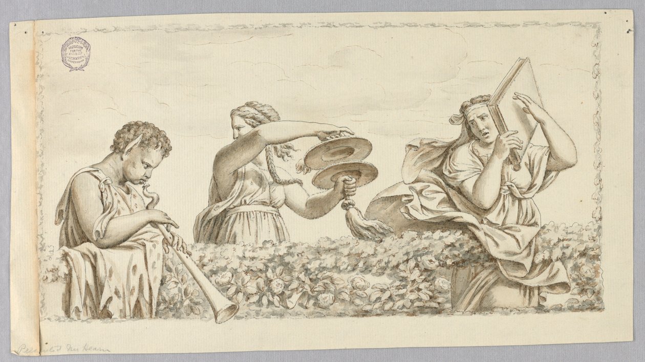 Un niño sátiro tocando la flauta, una niña con platillos, una mujer con un libro de Johann August Nahl the Younger