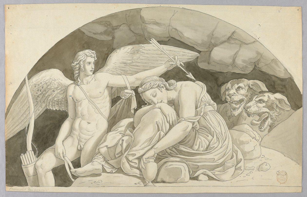 Cupido despierta a Psique superada por el contenido del jarrón llenado por Proserpina de Johann August Nahl the Younger