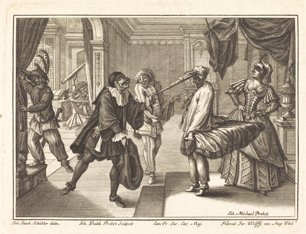 Arlequín en la casa del Dr. Polovard de Johann Balthasar Probst after Johann Jacob Schübler