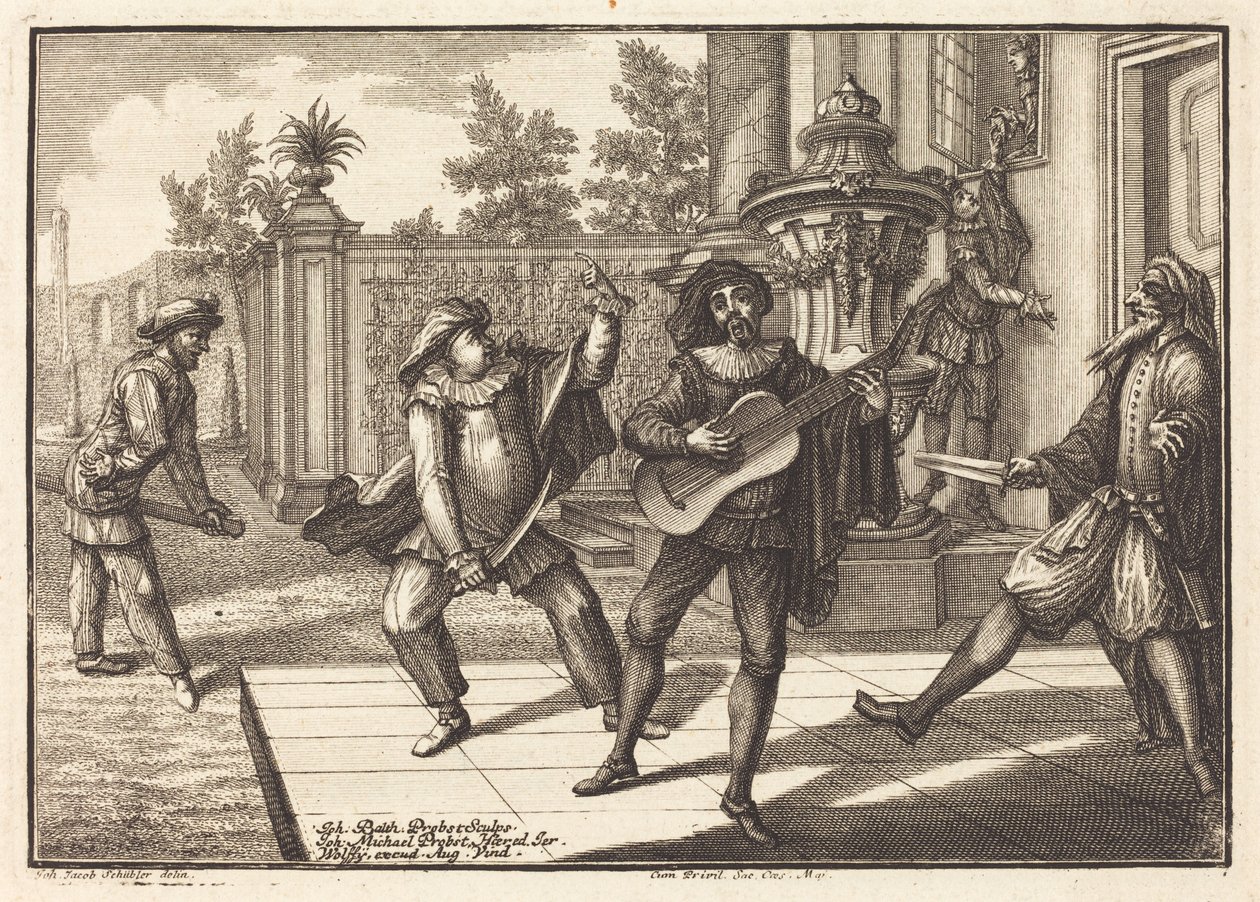 Scaramouche distrae a Pantalón de Johann Balthasar Probst after Johann Jacob Schübler