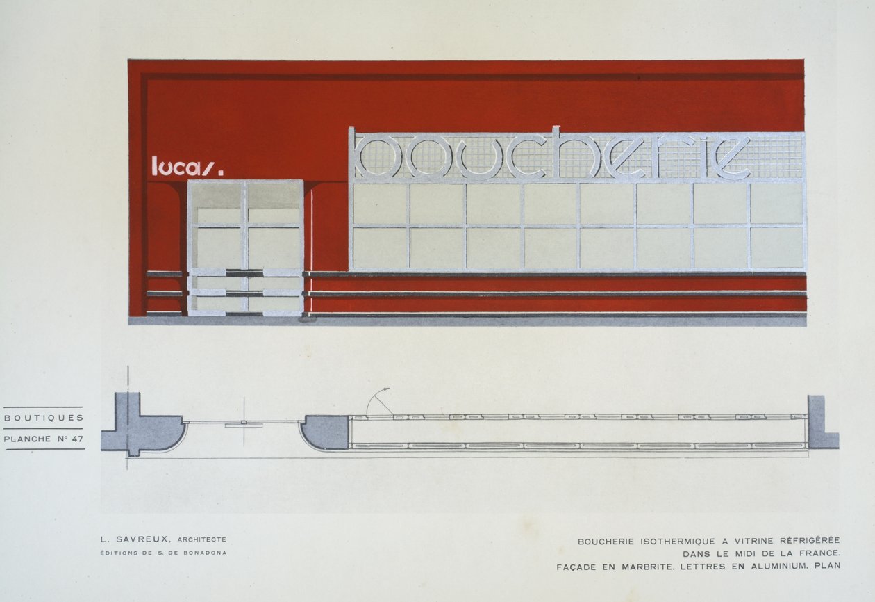 Boucherie Isothermique a Vitrine Refrigeree, L Savreux, Boutiques, Henry Delacroix, Editions S De Bonadona, París, finales de 1920s, Pochoir Print de Johann Baptist Edler von Lampi