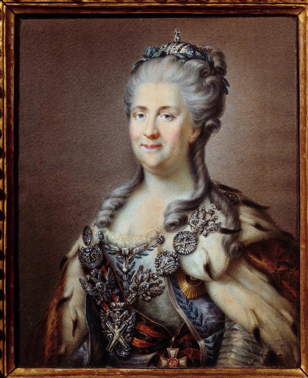 Retrato de Catalina II (1729-1796) emperatriz de Rusia con el collar de San Andrés y la cinta de la cruz de San Jorge. Acuarela anónima del siglo XVIII, según la pintura de Johann Baptist von Lampi (1751-1830) París, museo de Johann Baptist I (after) Lampi