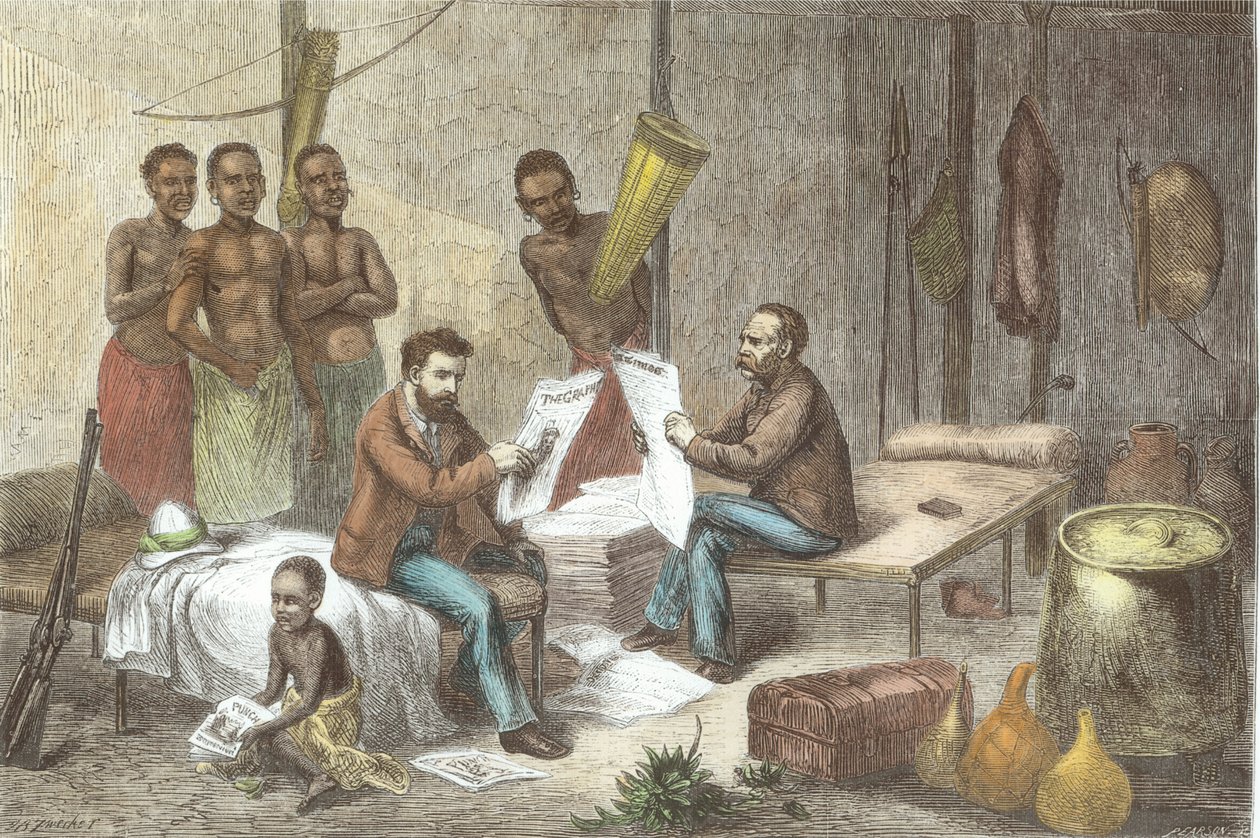 Dr. David Livingstone (1813-73) y el Sr. Henry Morton Stanley (1841-1904) recibiendo periódicos en África Central, grabado por Pearson (posterior coloración) de Johann Baptist Zweecker