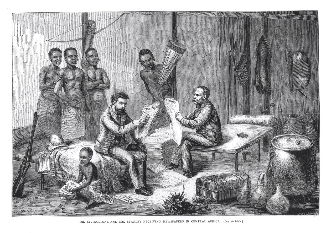 Dr. David Livingstone (1813-73) y el Sr. Henry Morton Stanley (1841-1904) recibiendo periódicos en África Central, grabado por Pearson de Johann Baptist Zweecker