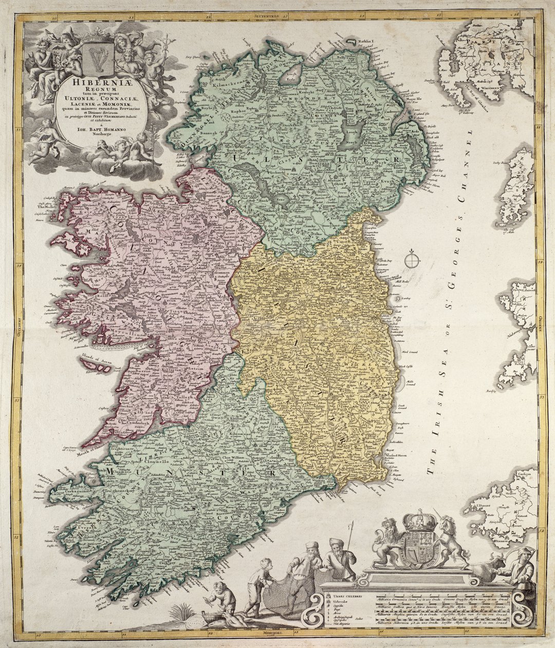 Mapa de Irlanda mostrando las provincias de Ulster, Munster, Connaught y Leinster, por Johann B. Homann, c.1730 (grabado coloreado a mano) de Johann Baptista Homann