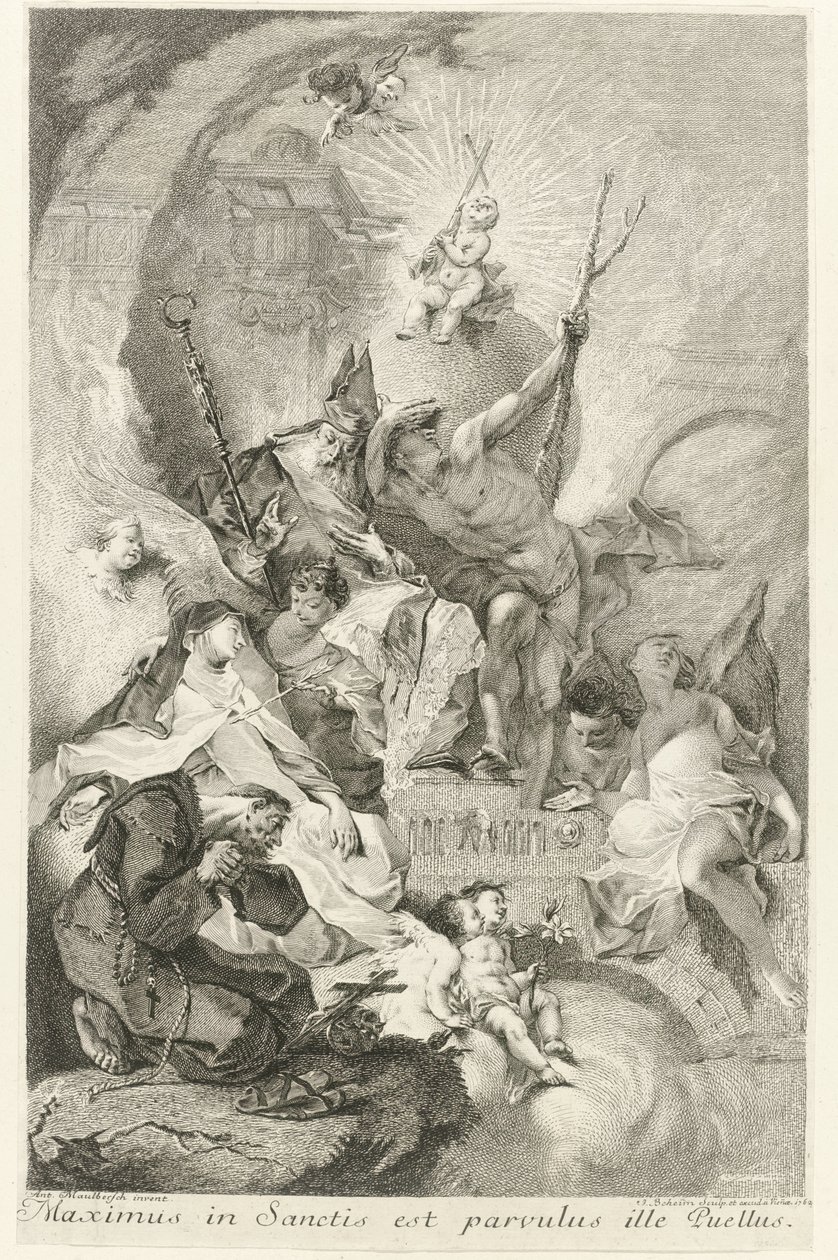 Het Christuskind als Salvator Mundi met verscheidene heiligen en paus Clemens XIII El más grande entre los santos es ese niño (título sobre objeto) de Johann Beheim