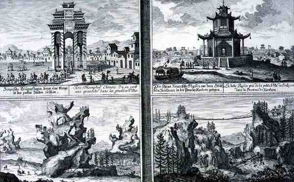 Cuatro Vistas que muestran un Arco Triunfal Chino, una Pagoda en Sinkicien en la Provincia de Xantum, Montañas y Cuevas Artificiales y un Puente Colgante cerca de la ciudad de Kingtung, China, de 
