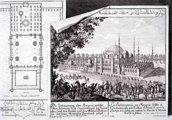 Plano y vista de la Mezquita de Suleymaniye, Estambul, de 