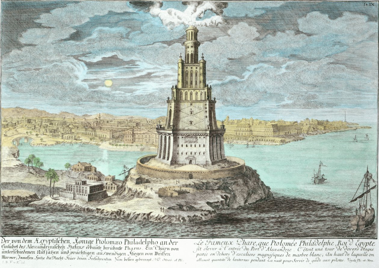 Faro de Alejandría, construido por Ptolomeo el Grande (36-después de 30 a.C.), Egipto, de Proyecto de una arquitectura histórica, grabado por Johann Adam Delsenbach (1687-1765) 1721 (color posterior) de Johann Bernhard Fischer von Erlach