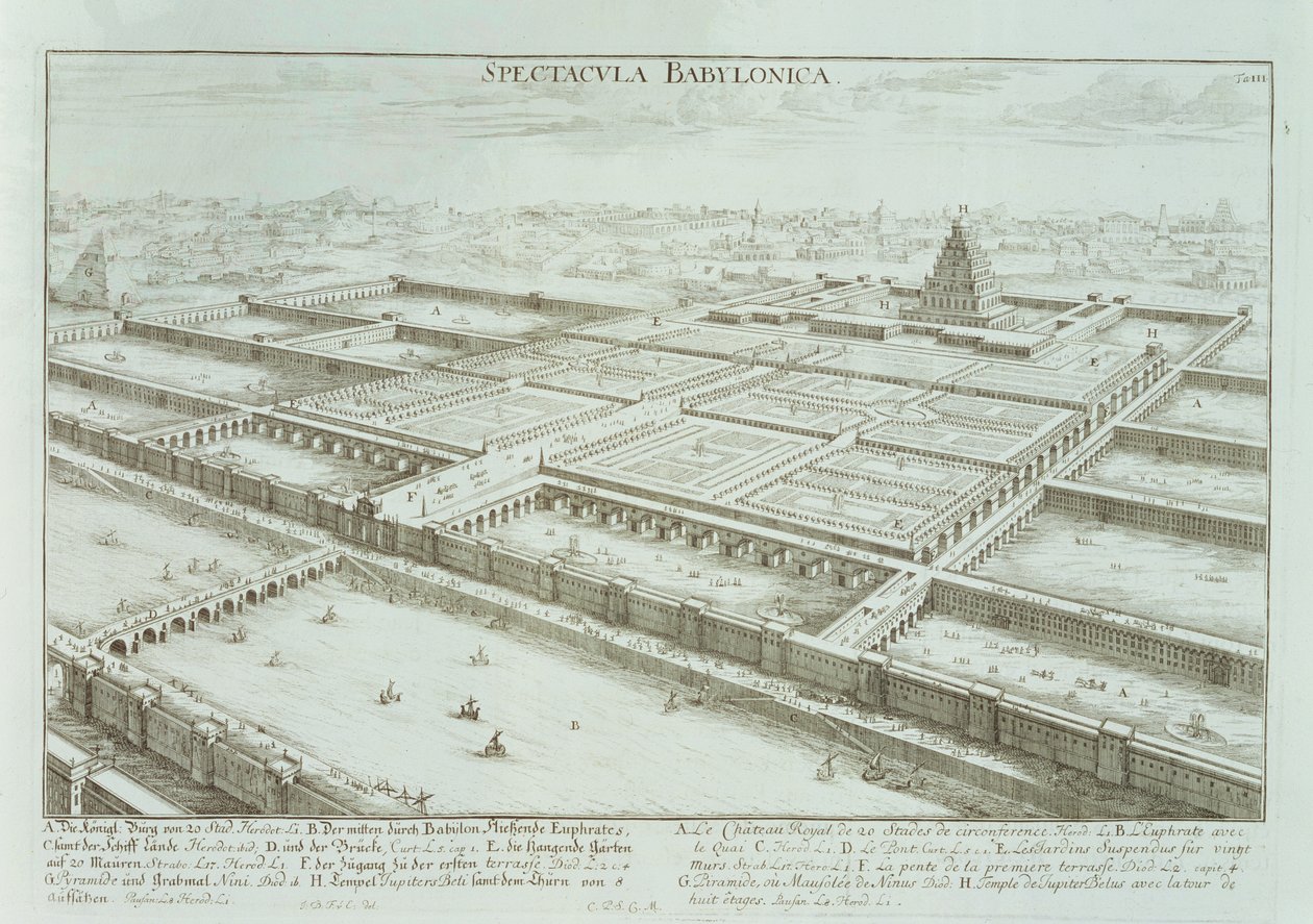 Vista panorámica del Palacio Real y los Jardines Colgantes de Babilonia, de 