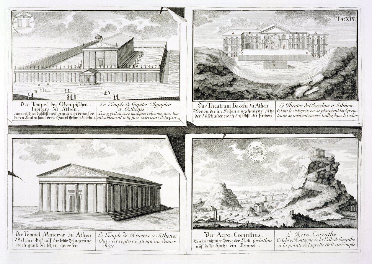 Vistas de cuatro edificios clásicos: El Templo de Zeus Olímpico, el Teatro de Dionisio en Atenas, el Templo de Atenea en Atenas y un Templo en Corinto, de Entwurf einer historischen Architektur de Johann Bernhard Fischer von Erlach
