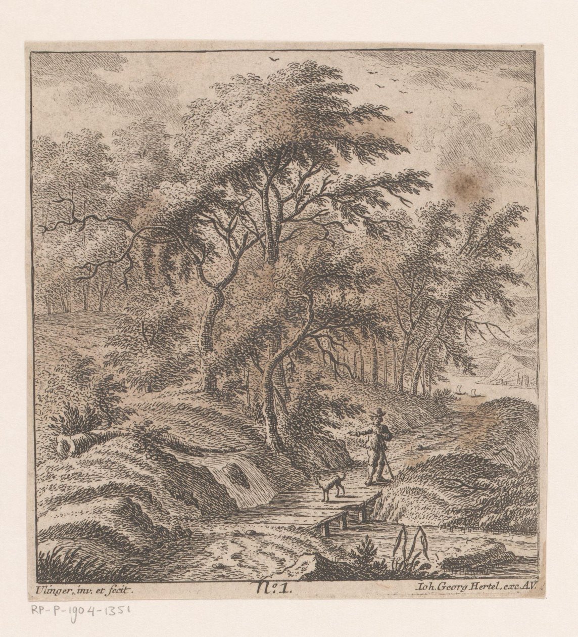 Hombre con un perro caminando por el borde del bosque de Johann Caspar Ulinger