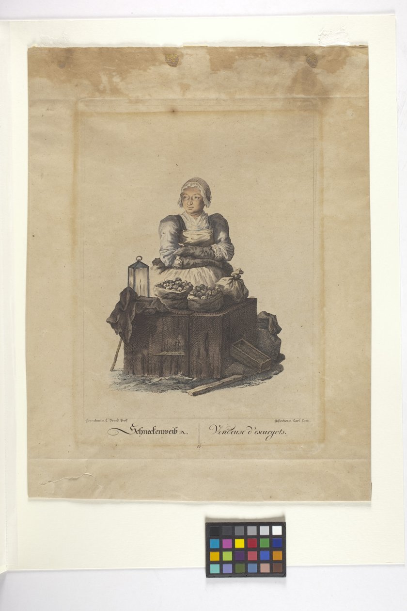 Schneckenweib Or Vendeuse Des Escargots (Vendedora de caracoles) (grabado coloreado a mano) de Johann Christian (after) Brand