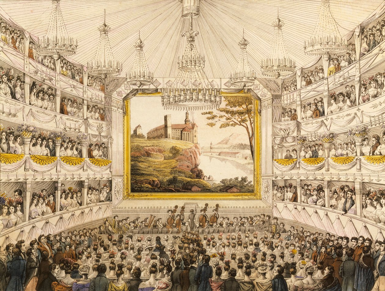 Austria, Viena, Interior del Teatro an der Wien, impresión acuarelada por J.C. Schoeller de Johann Christian (after) Schoeller