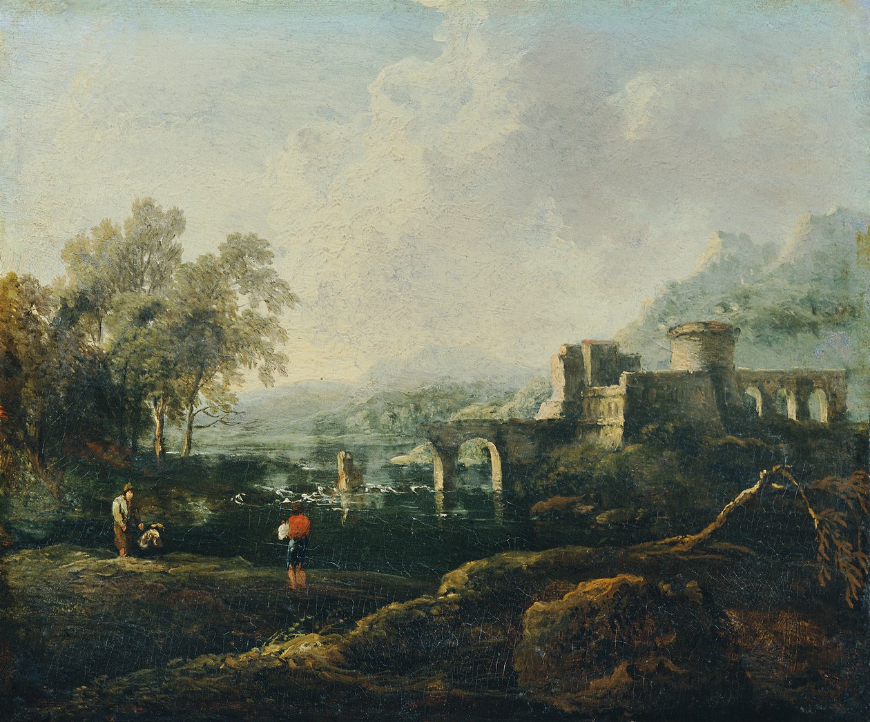 Paisaje ideal con río y puente en ruinas (La mañana) de Johann Christian Brand