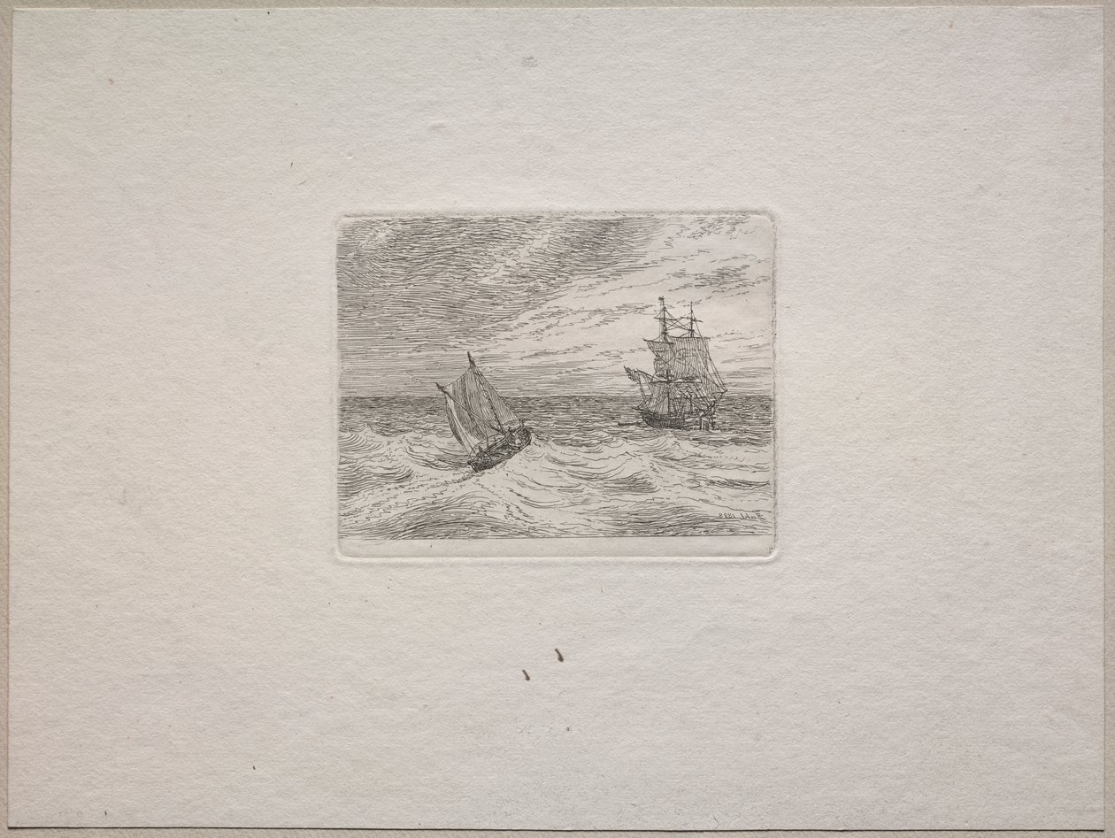 Mares agitados con un barco de dos maestros y velero de Johan Christian Dahl