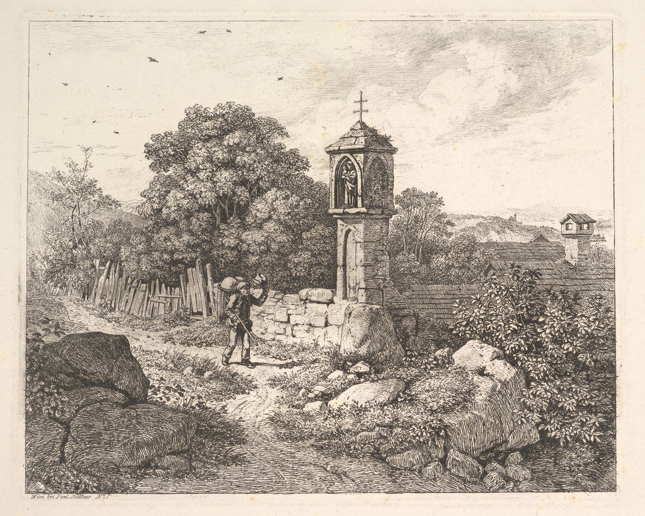 Un campesino saludando la estatua de María de Johann Christian Erhard
