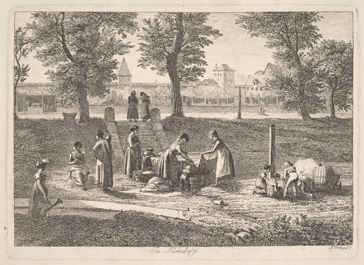 Escena al aire libre de mujeres en actividades domésticas en Nurnberg, siglo XIX de Johann Christian Erhard