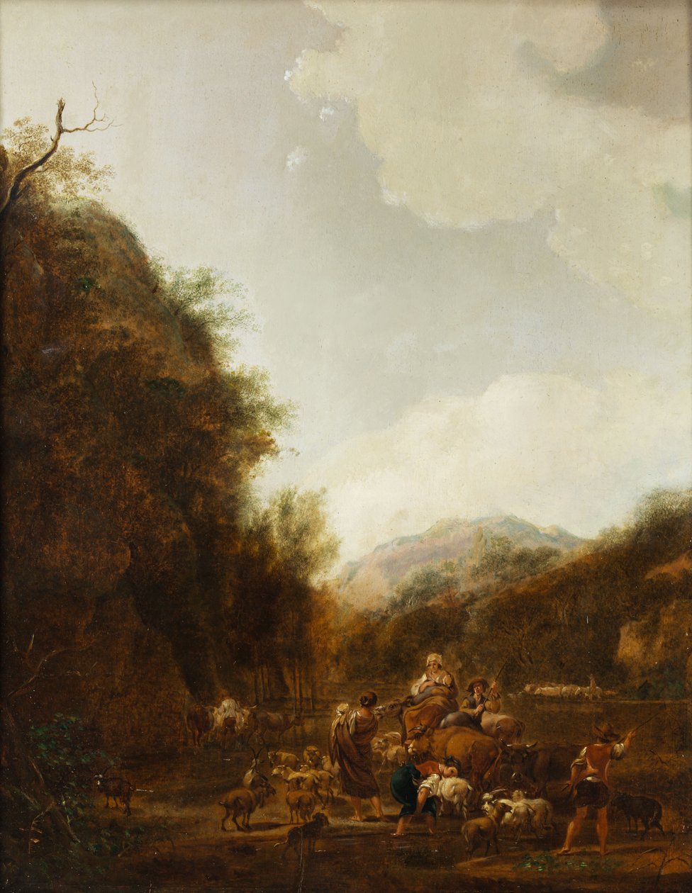 Paisaje montañoso con pastores y ganado en el abrevadero de Johann Christian Klengel