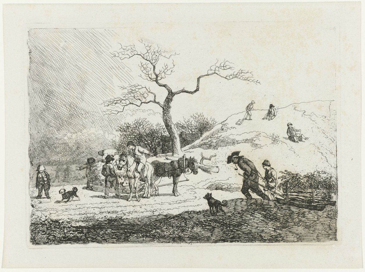 Paisaje invernal con niños en trineo y varios senderistas de Johann Christian Klengel