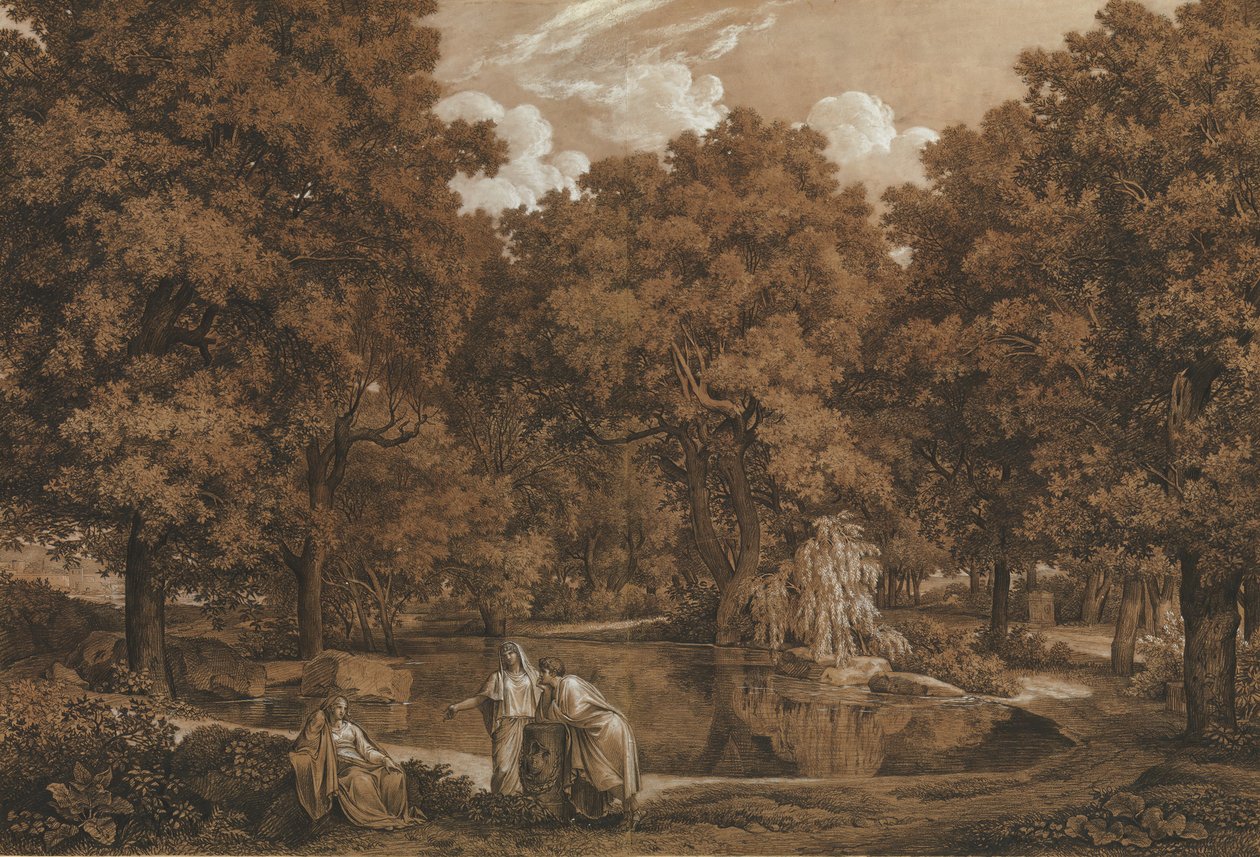 Paisaje arcadiano con tres figuras en un lago de Johann Christian Reinhart