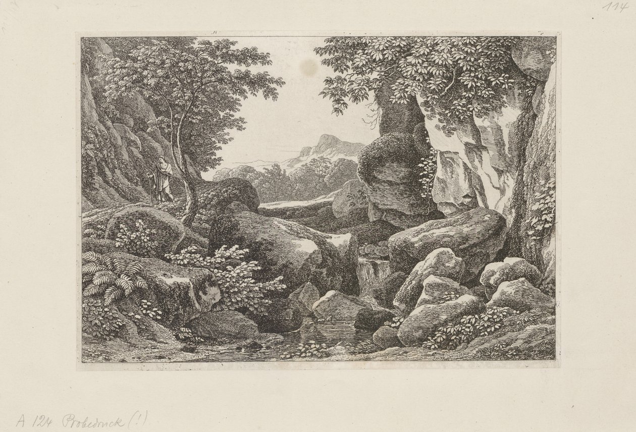 Paisaje rocoso con un pastor caminando a la izquierda de Johann Christian Reinhart