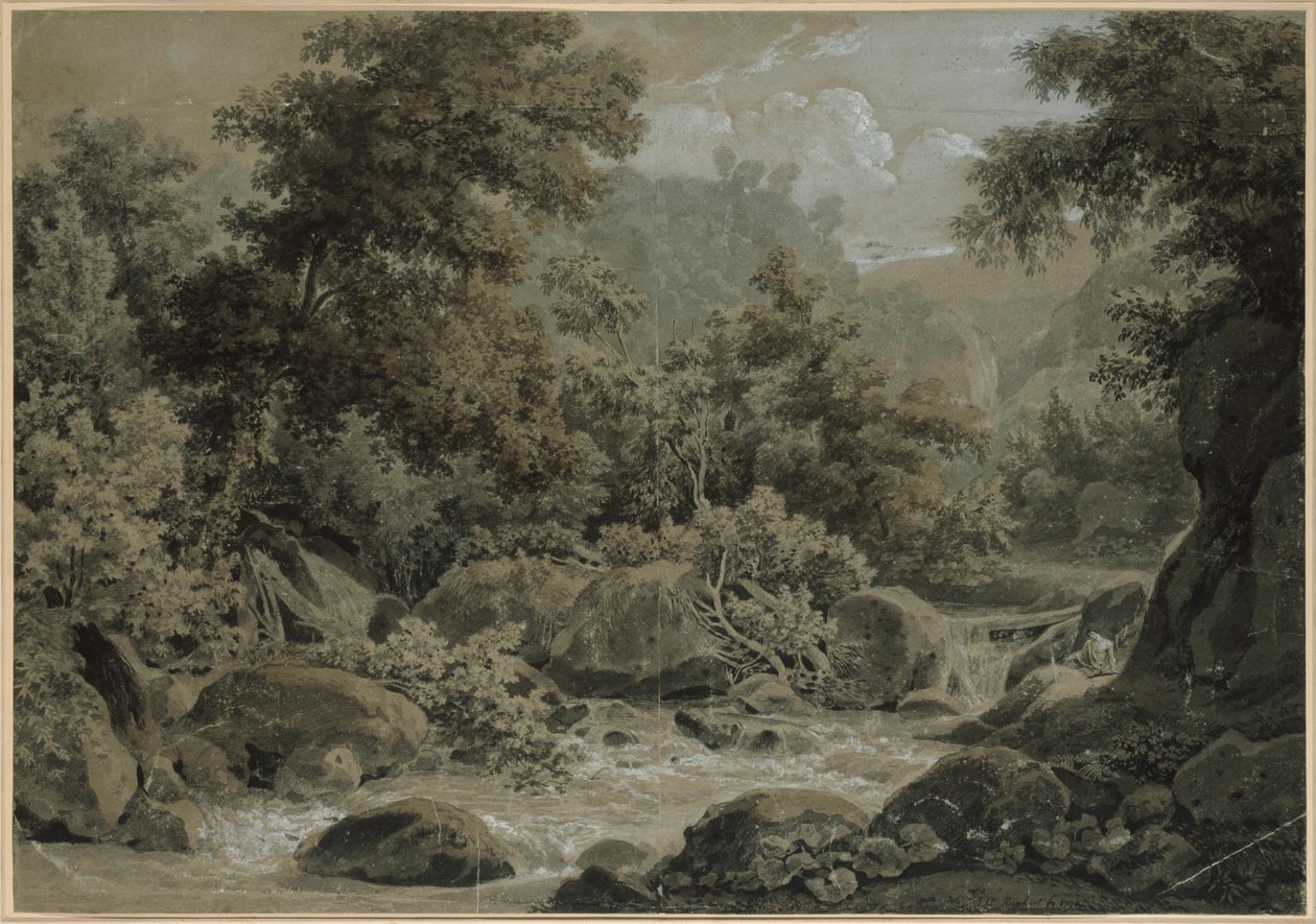 Paisaje montañoso y boscoso, con un arroyo en primer plano de Johann Christian Reinhart