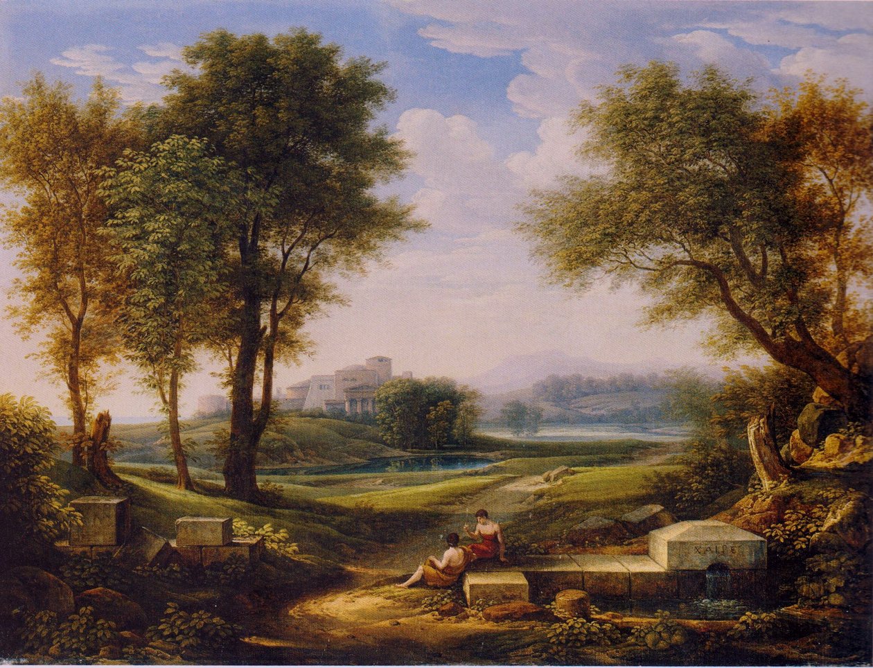 Alemán: Paisaje ideal con dos pastores en un manantial. de Johann Christian Reinhart
