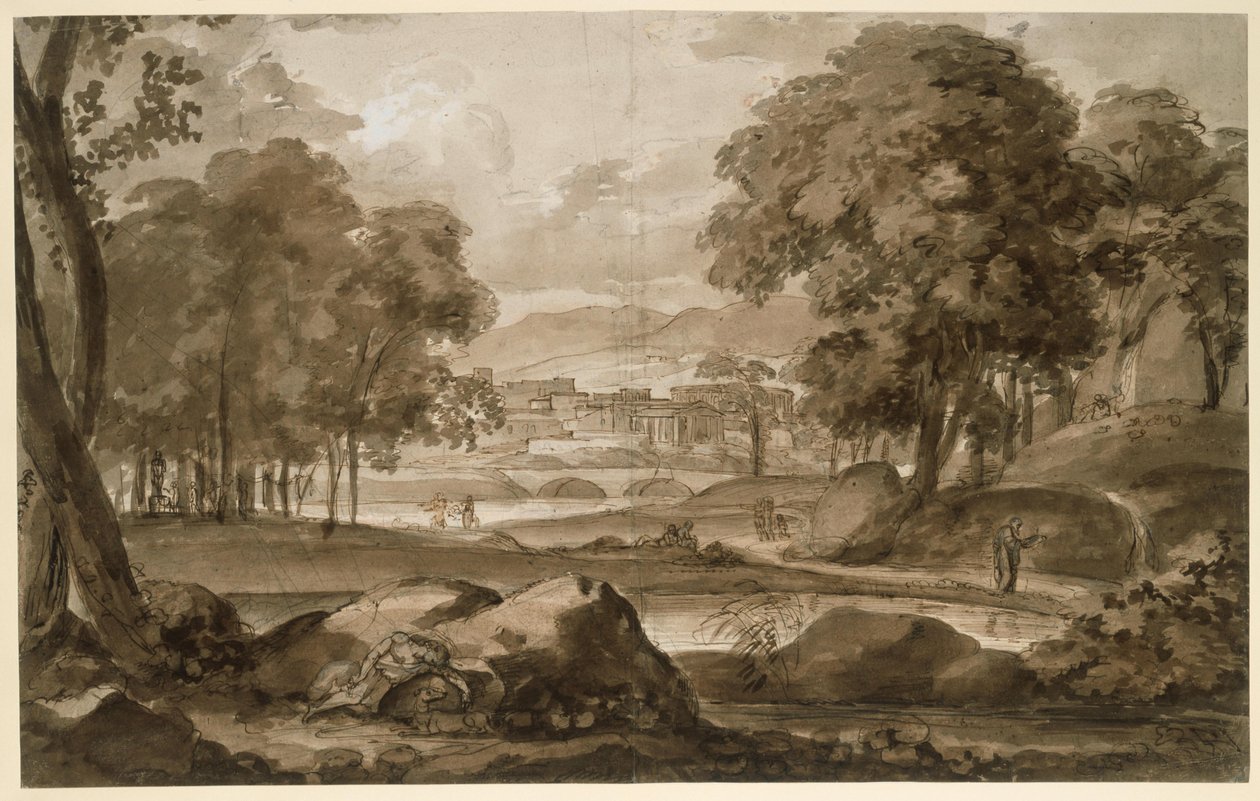 Gran paisaje boscoso con una ciudad antigua y figuras decorativas de Johann Christian Reinhart