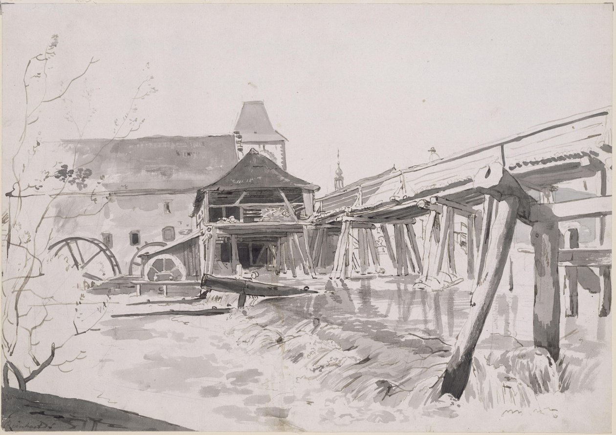 Puente de madera con presa y molino de agua de Johann Christian Reinhart