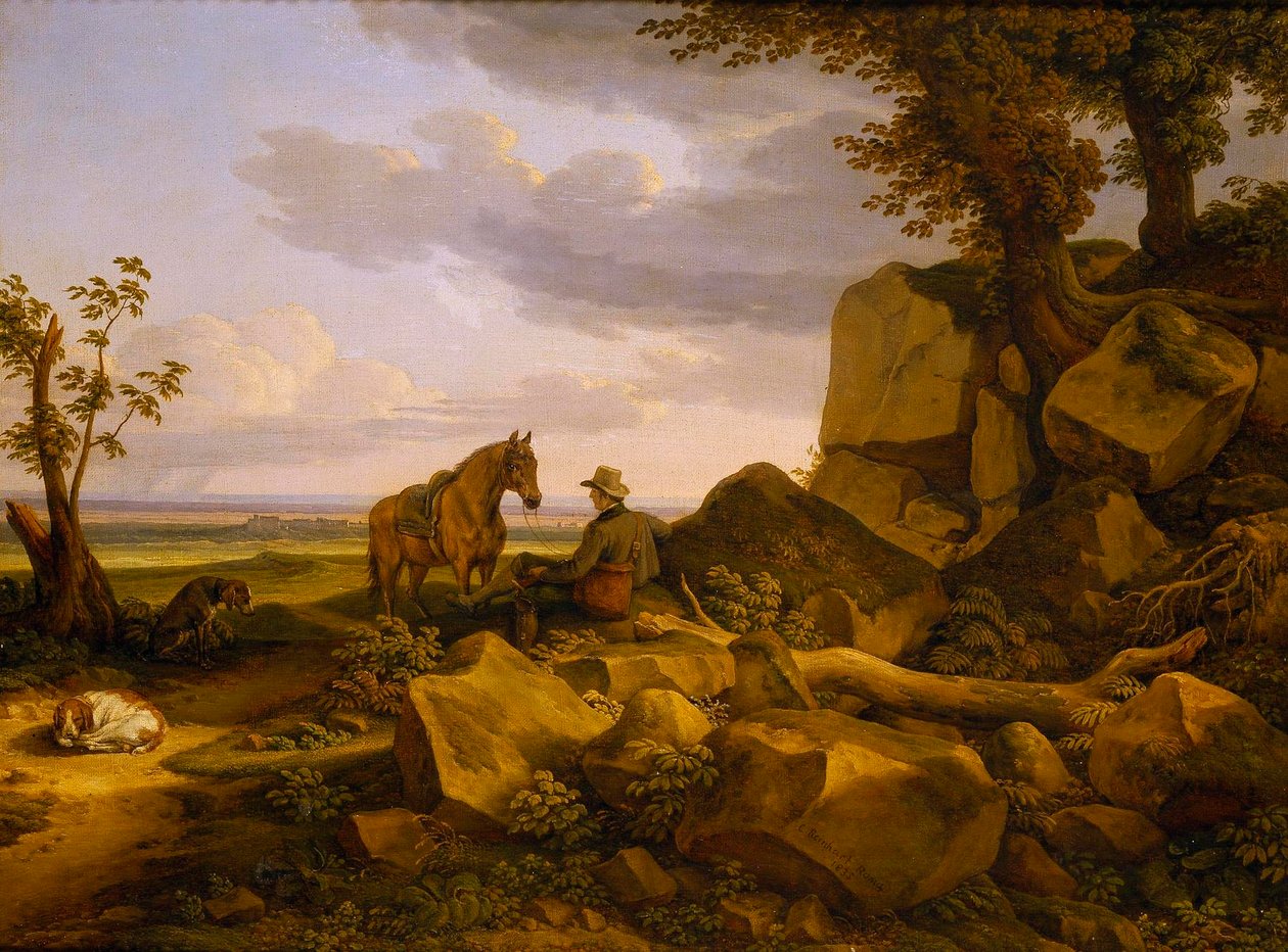Paisaje italiano con cazador descansando, autorretrato de Johann Christian Reinhart