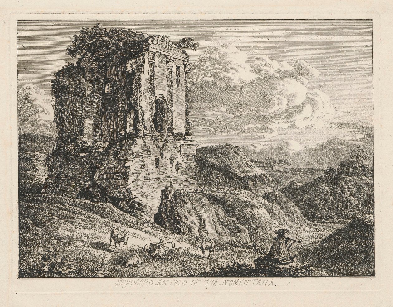 Paisaje con una tumba antigua; a la derecha, unas cabras y un pastor tocando la flauta de Johann Christian Reinhart