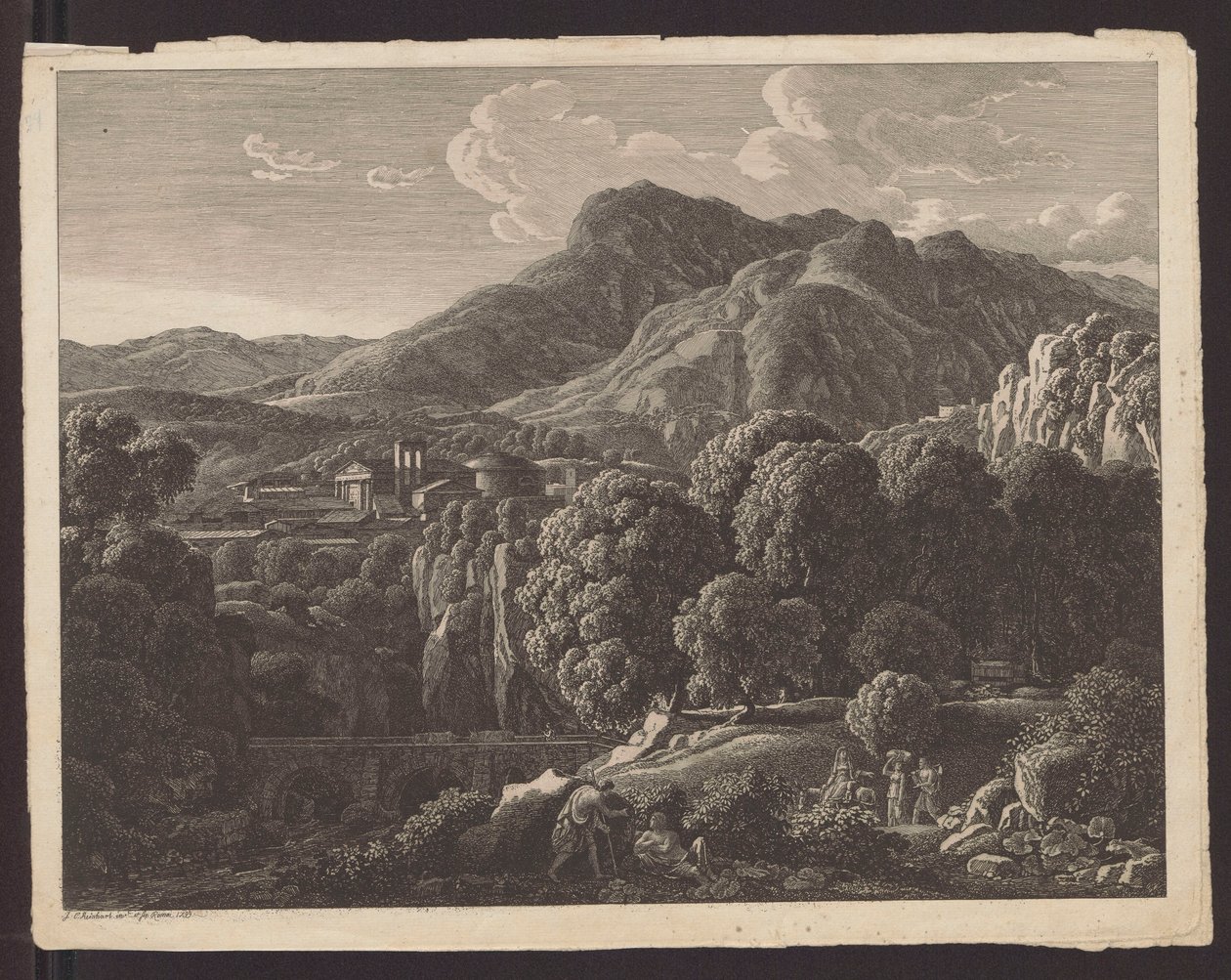 Paisaje montañoso con una ciudad de arquitectura clásica al fondo de Johann Christian Reinhart
