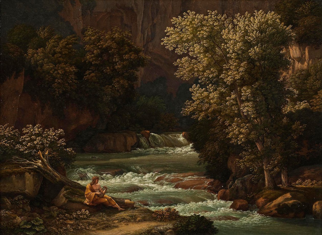 Vista del Ponte Lupo cerca de Tivoli, con una persona tocando la lira en primer plano de Johann Christian Reinhart