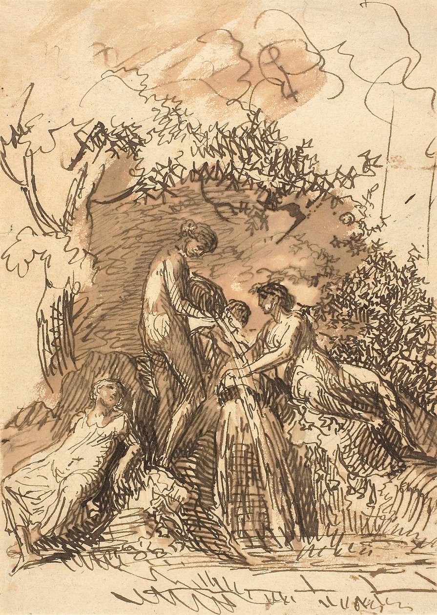Jóvenes en una fuente (recto); Fragmento de boceto de piernas (verso) de Johann Christian Reinhart