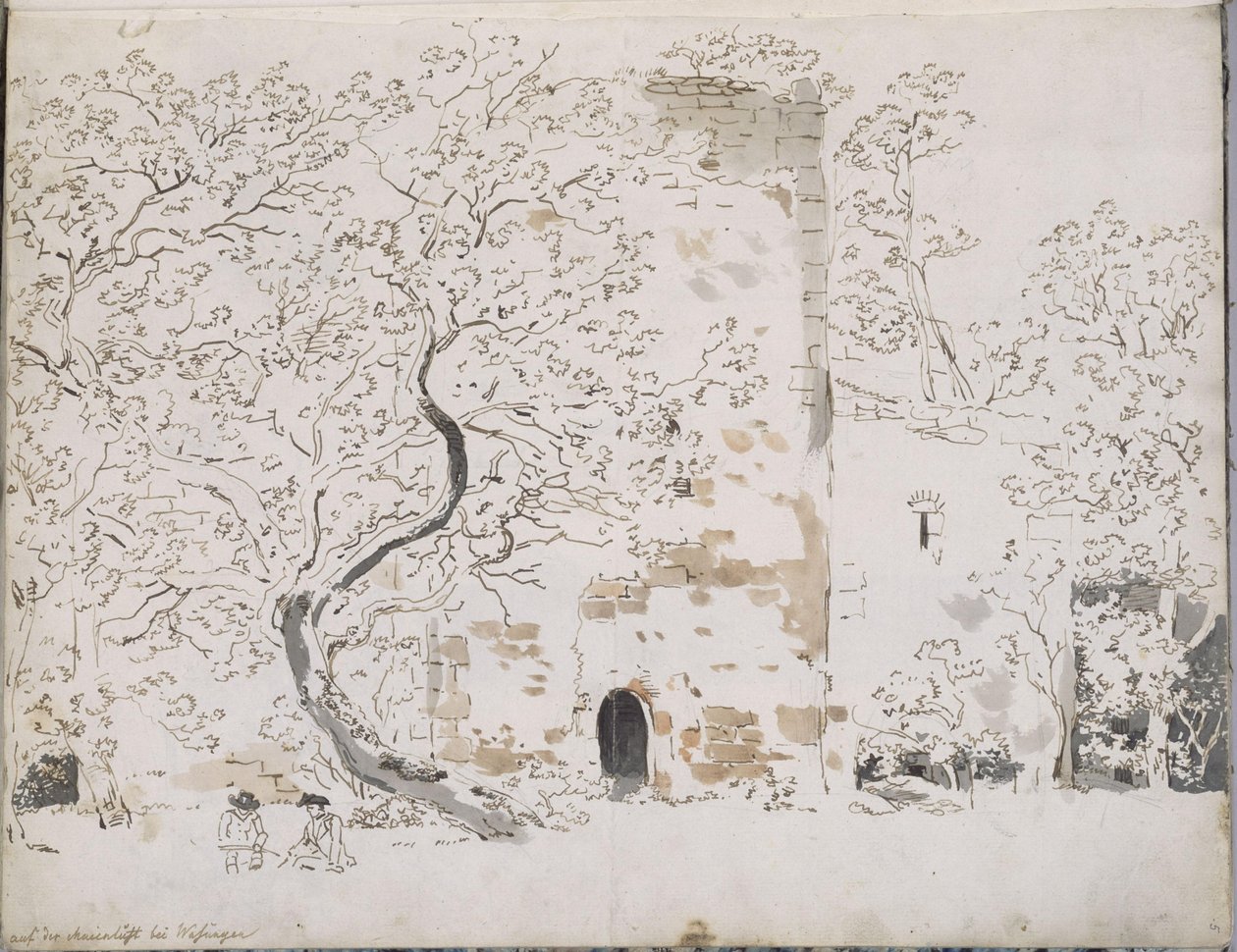 Dos dibujantes ante un castillo detrás de árboles: en Maienlust, cerca de Wasungen de Johann Christian Reinhart