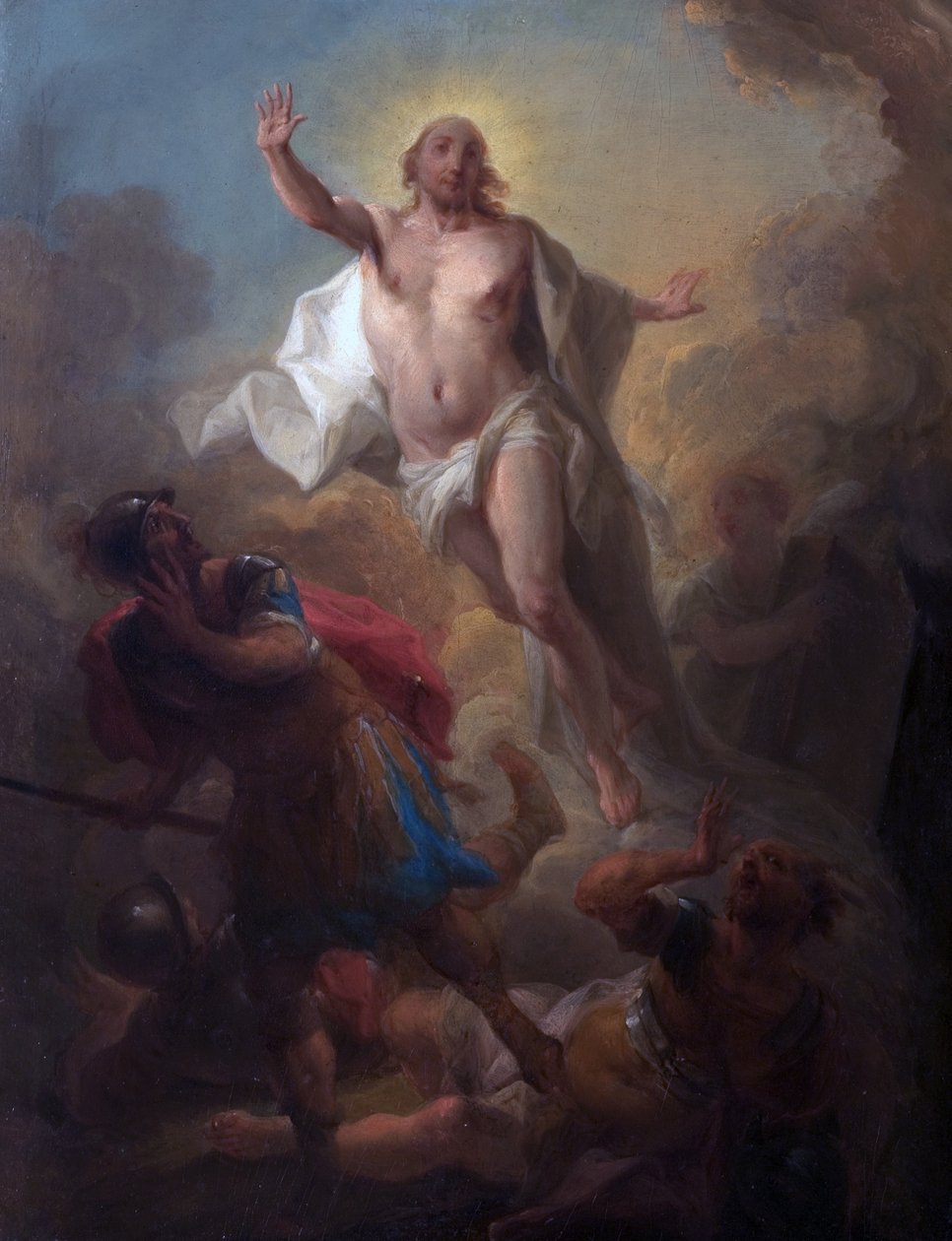 Cristo saliendo del sepulcro y soldados romanos huyendo (óleo sobre tabla) de Johann Christian Thomas (attr.to) Winck