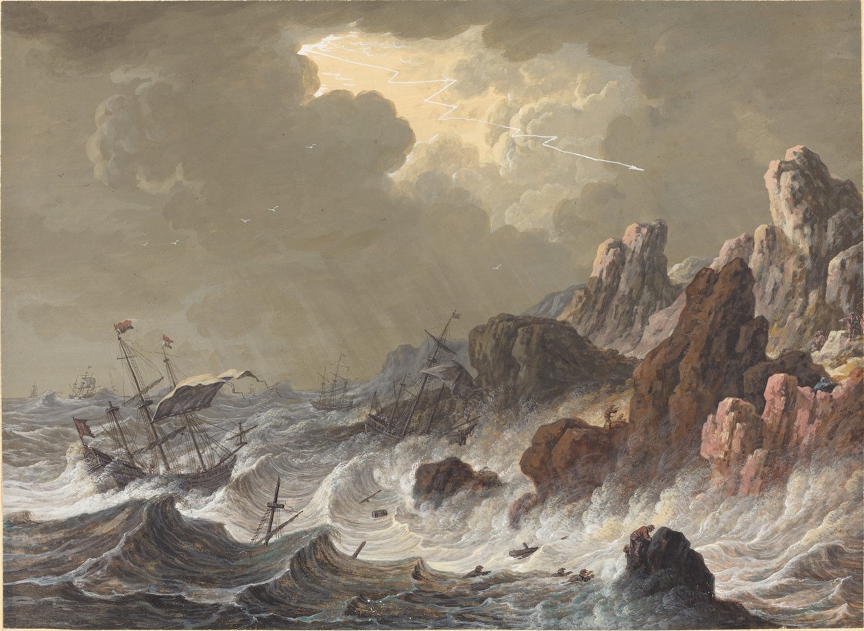 Barcos azotados por la tormenta naufragados en una costa rocosa de Johann Christoph Dietzsch
