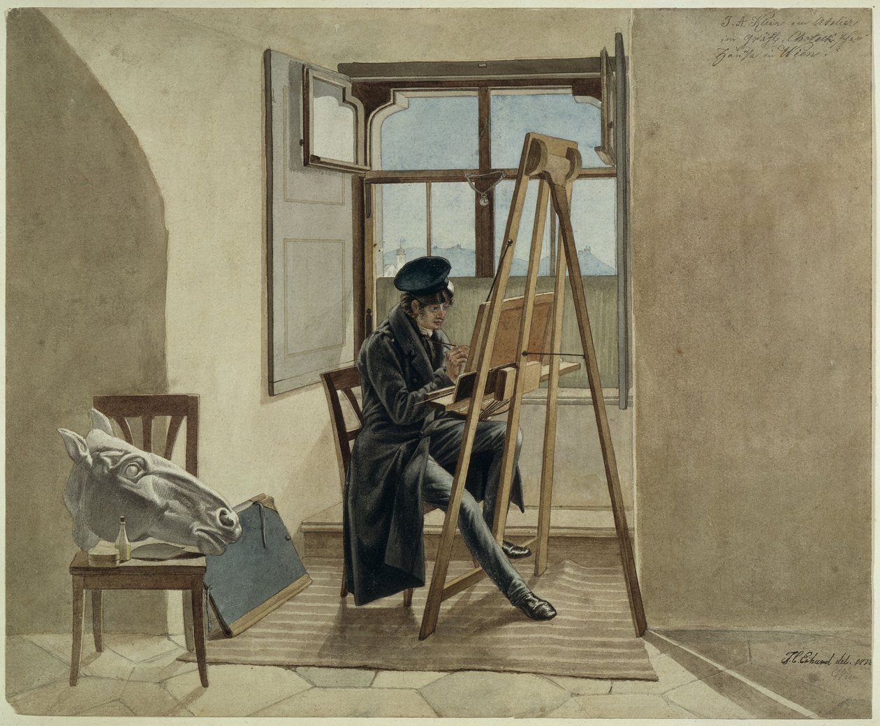 El pintor Johann Adam Klein ante el caballete en su estudio del palacio condal Chotek de Viena de Johann Christoph Erhard