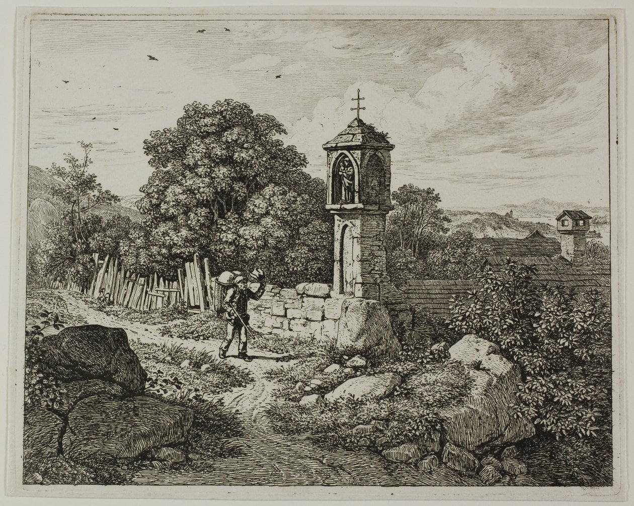 Campesino Saludando a un Santuario de la Virgen, placa uno de Die zwei grossen Landschaften mit den Betsäulen de Johann Christoph Erhard
