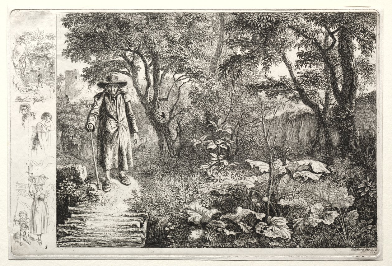 El anciano ante el puente de troncos Der Alte vor den Knuppelsteg, 1819 de Johann Christoph Erhard
