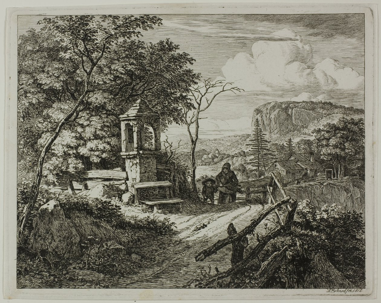 Recolector de Leña con un Niño, lámina dos de Die zwei grossen Landschaften mit den Betsäulen de Johann Christoph Erhard