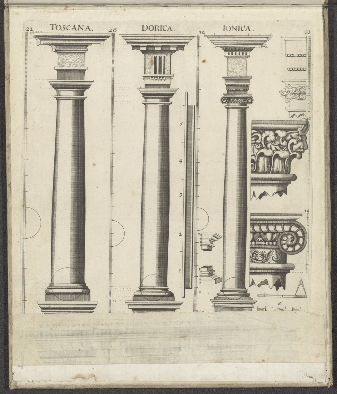 Tres columnas de los órdenes toscano, dórico y jónico Toscana / Dorica / Ionica (título sobre objeto) Funf Ordnungen der Architektur (título de la serie) de Johann Christoph Feinlein