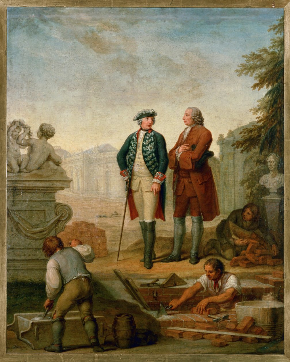 Federico II, rey de Prusia, y el marqués de Agens durante la construcción del palacio de Sanssouci en Potsdam ... de Johann Christoph Frisch