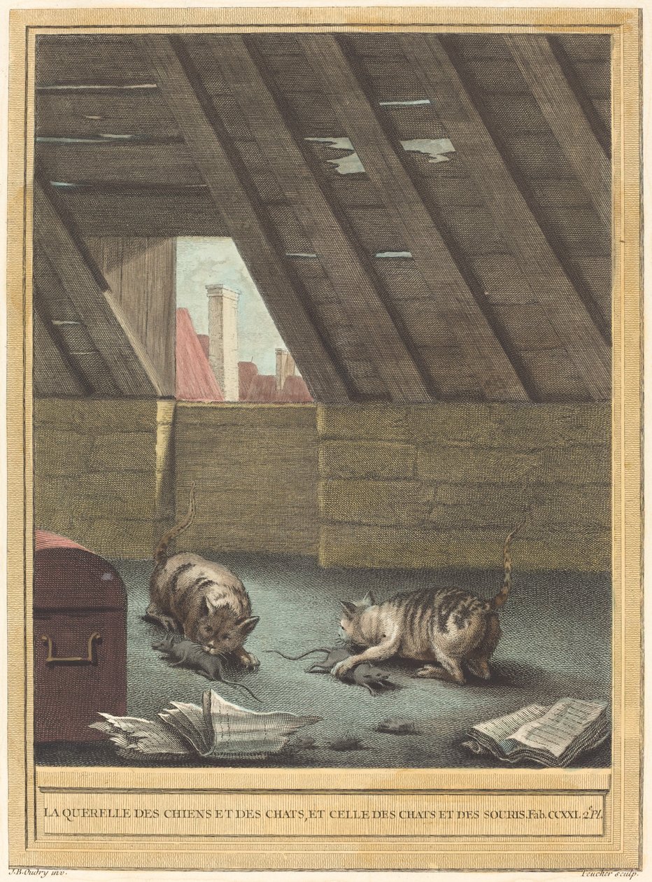 La disputa de perros y gatos, y la de gatos y ratones de Johann Christoph Teucher after Jean Baptiste Oudry
