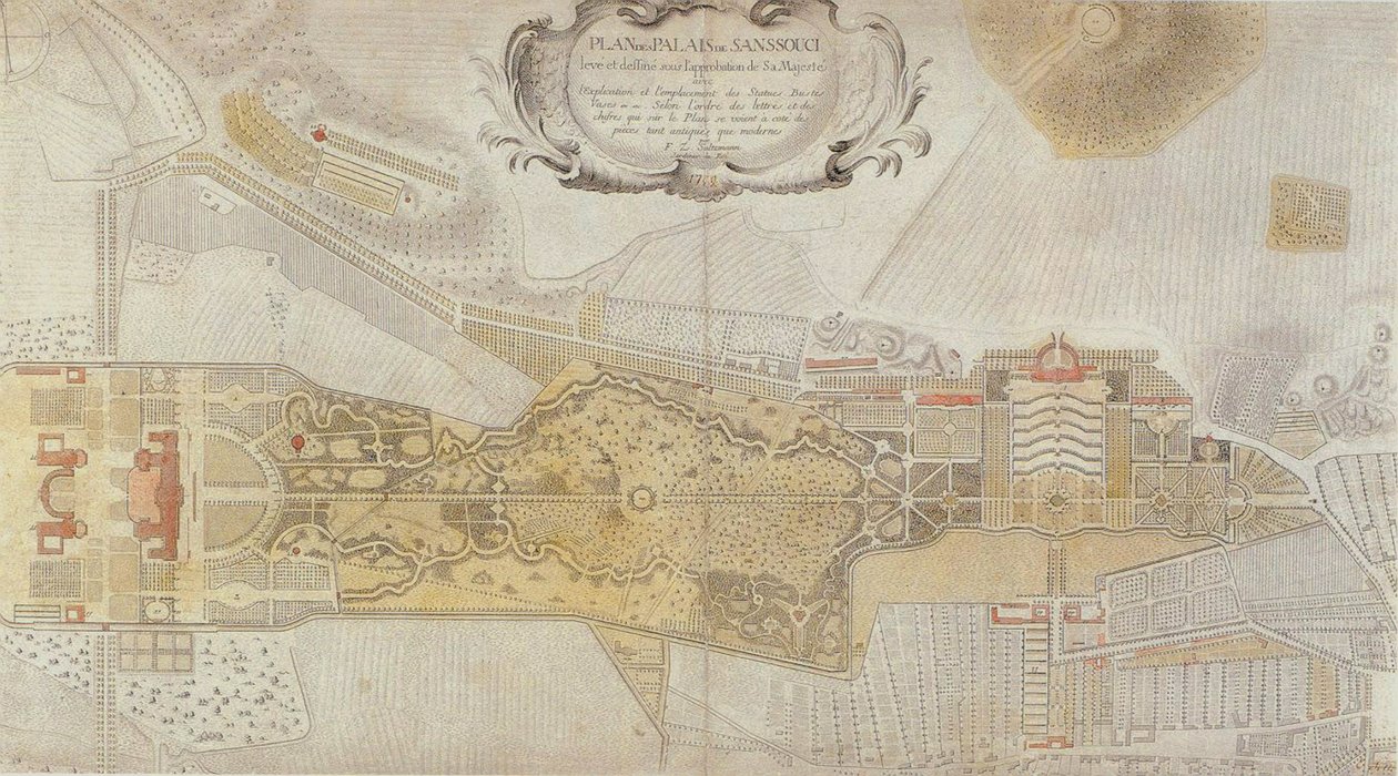 Plano del Parque Fredericiano de Sanssouci en Potsdam, 1772 de Johann David Schleuen